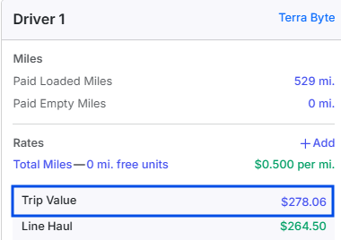 A driver money box card on a load, with the Trip Value row highlighted