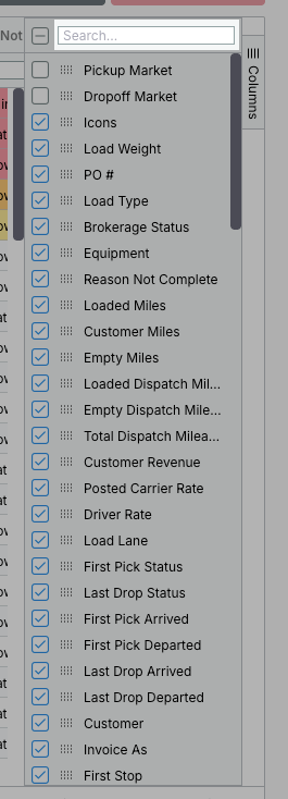 Search bar at the top of the Columns panel