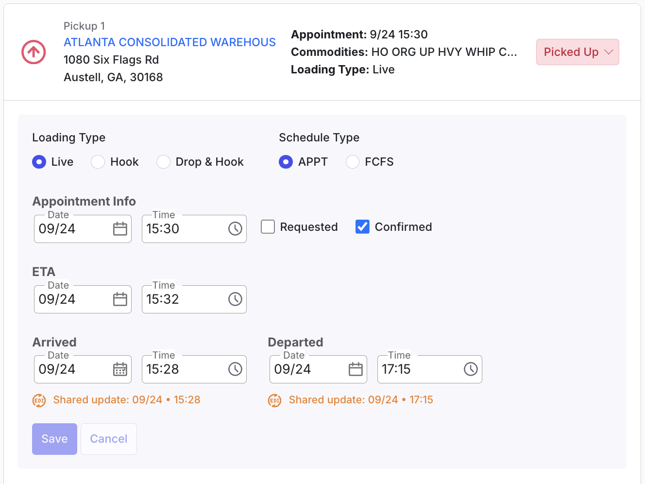 Stop card showing the Share Departure fields