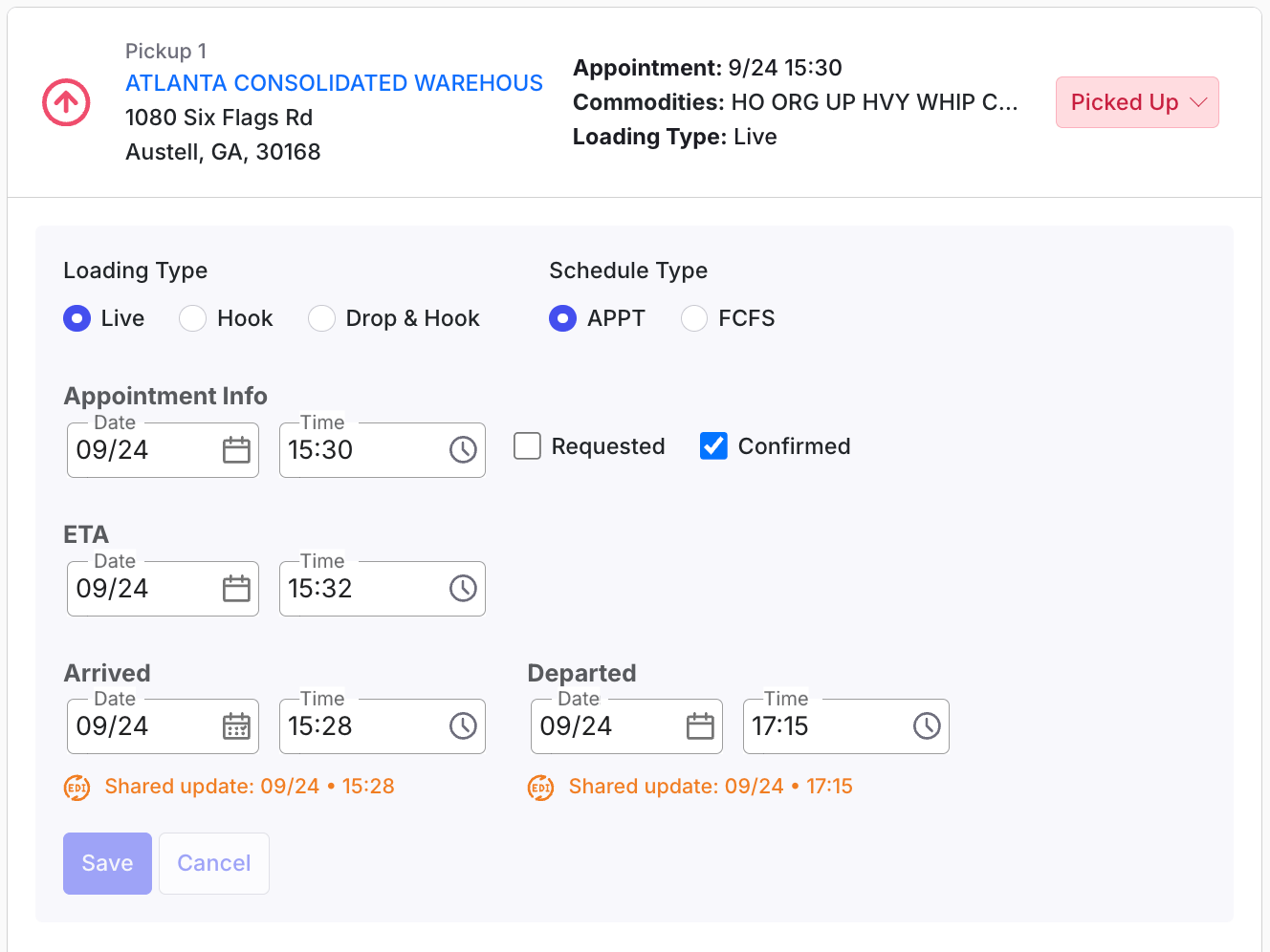 Stop card showing the Share Departure fields
