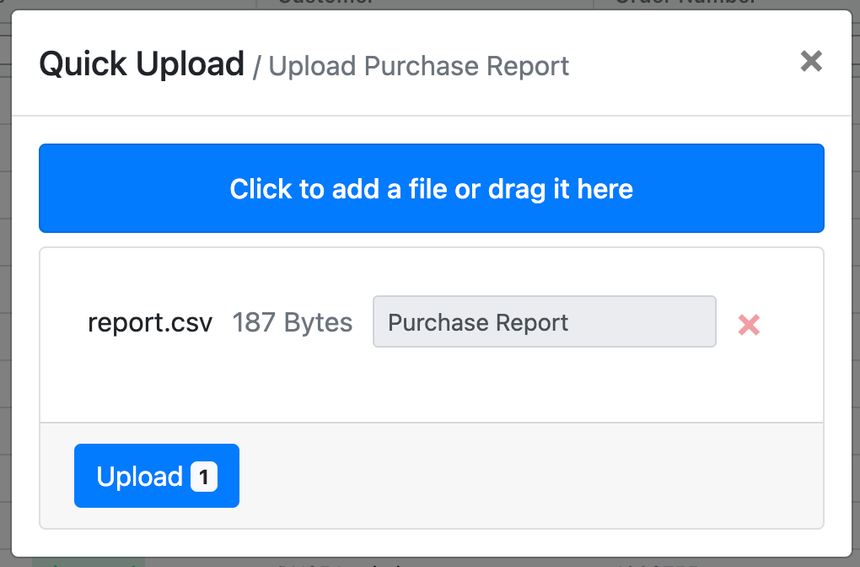 Upload button on the Purchase Report upload dialog