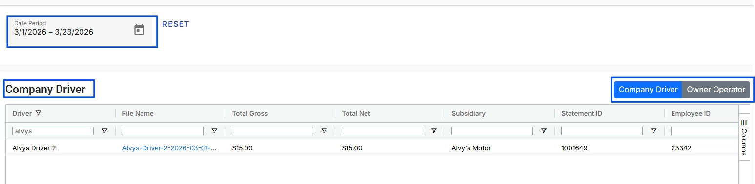 Screenshot showing the Alvys Statement List Report.