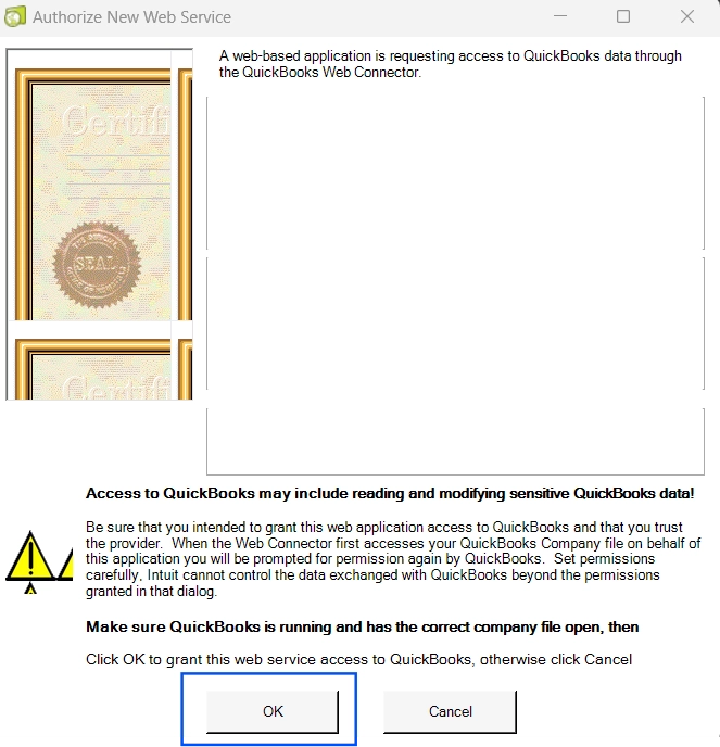 QuickBooks Desktop authorization dialog for third-party application access.
