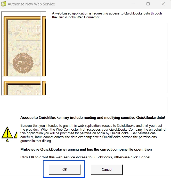 QuickBooks Desktop authorization dialog for third-party application access.
