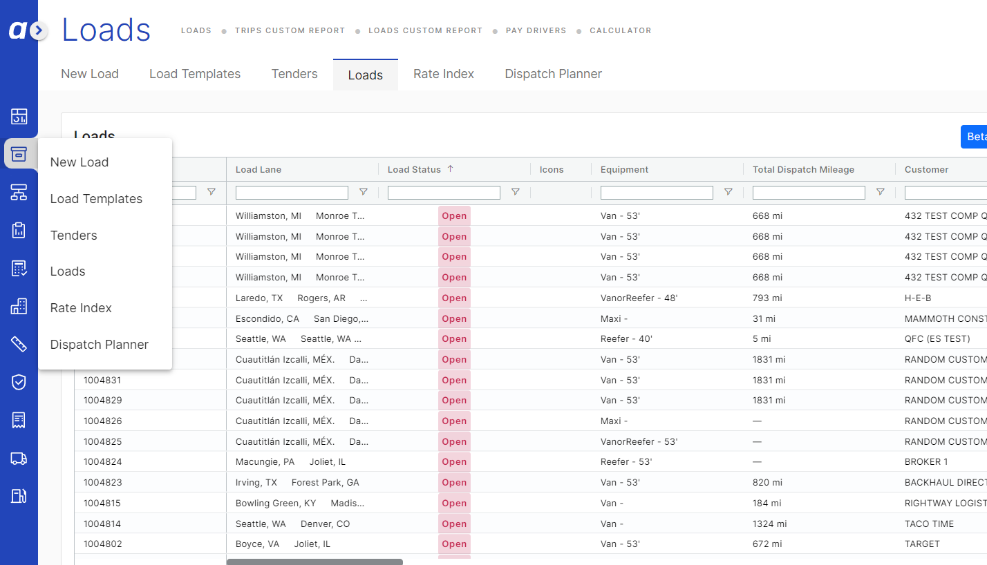 Left navigation expanded and 'New Load' option highlighted