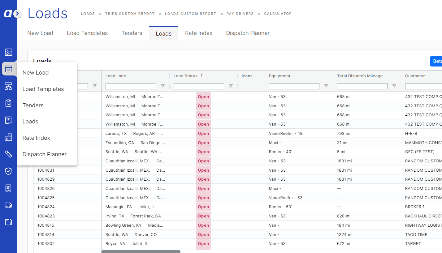 Left navigation expanded and 'New Load' option highlighted