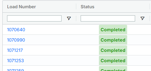 Factoring Reports page after payment report processing completes, showing updated load records