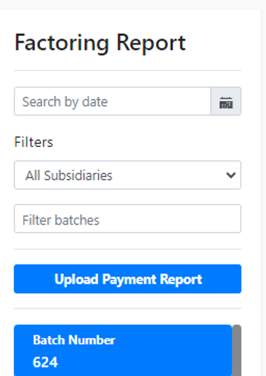 Batch selected on the Reports > Factoring page