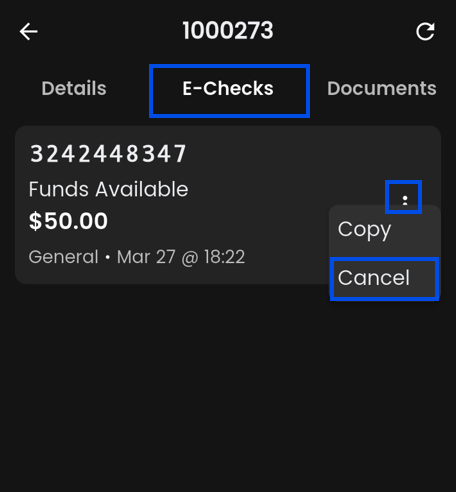 Mobile app e-check cancellation screen