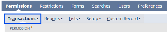 Transactions permissions tab on the role