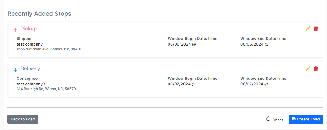 Newly created load in Open status, showing the load record page after creation