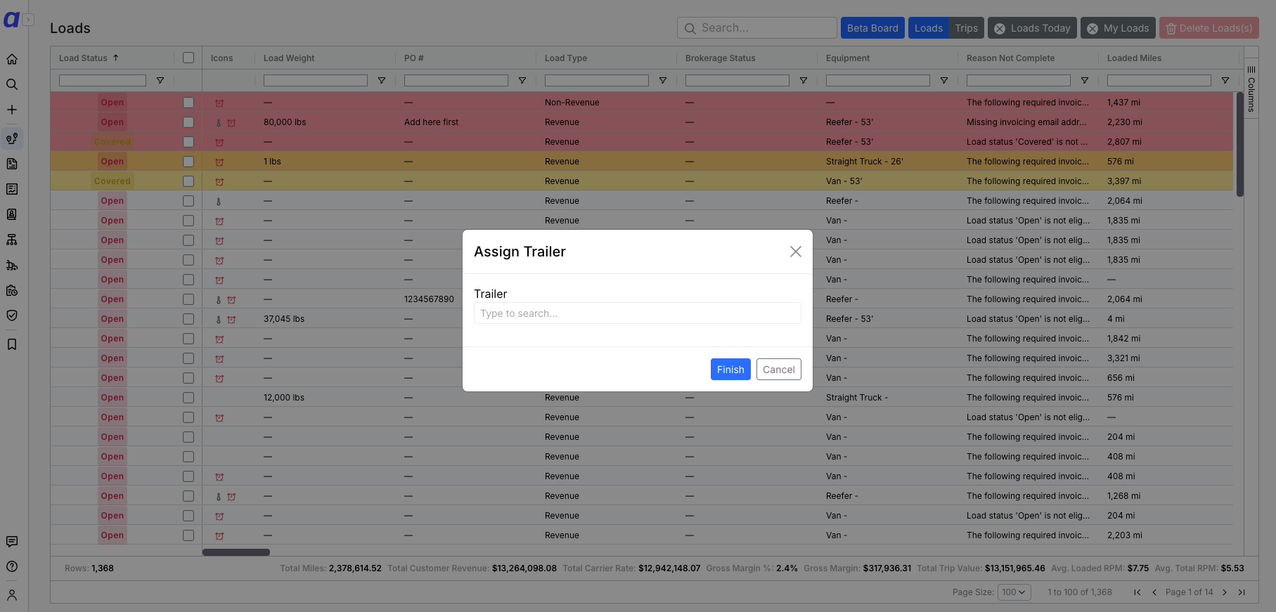 Pre-Assign Trailer modal