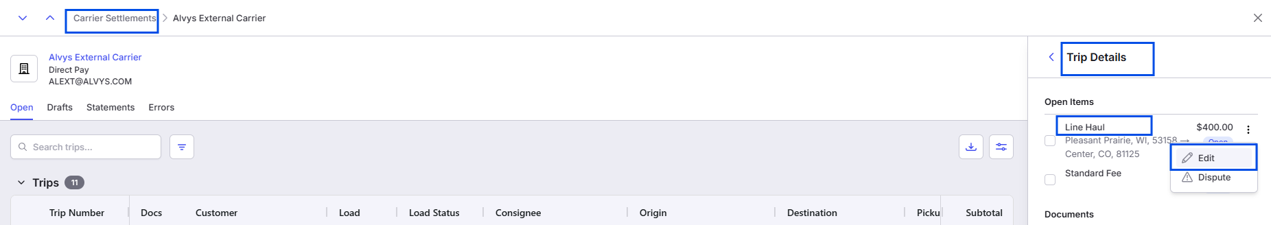 Image showing Edit Carrier Rate in Carrier Settlements Module