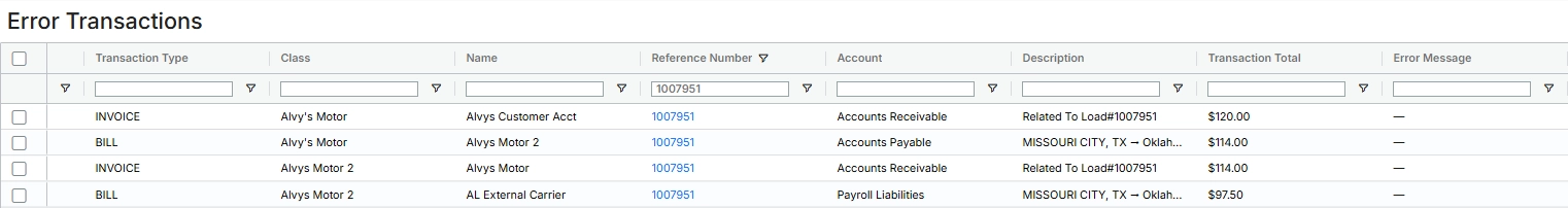 Screenshot showing the intercompany entries in Error Transactions Page