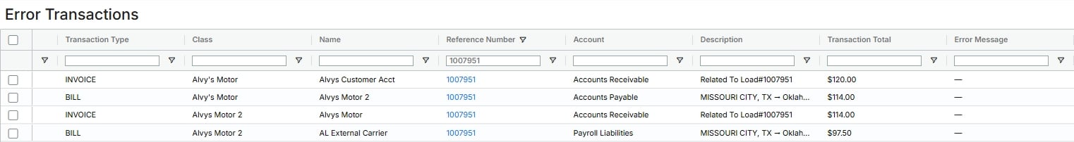 Screenshot showing the intercompany entries in Error Transactions Page