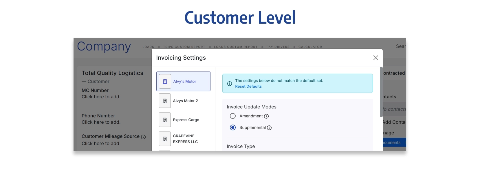 Image of the Invoicing Settings section in Customer/ Broker Profile showing the five configuration areas