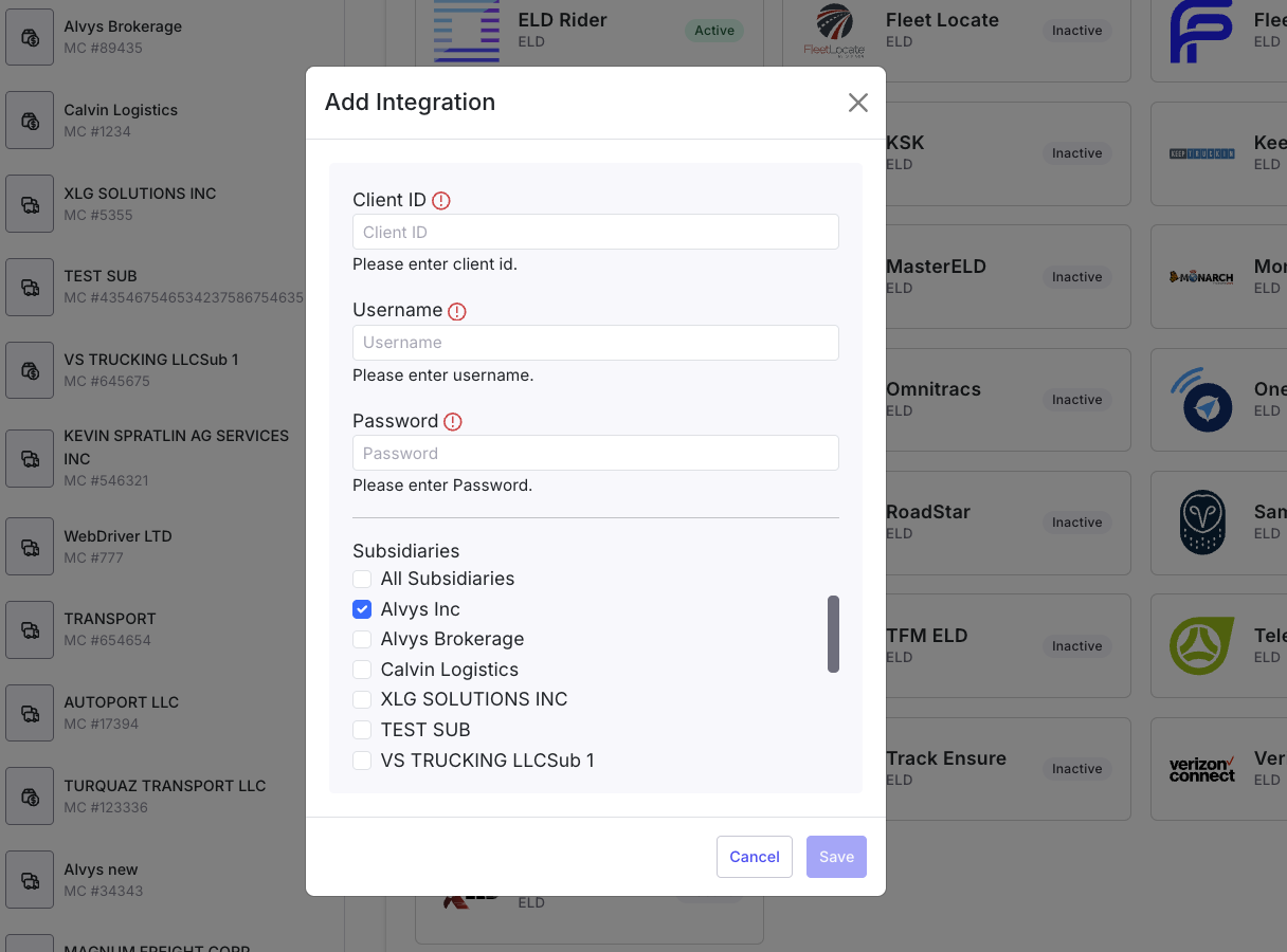 Integrations tab in Alvys showing the Thermo King section with the External Customer ID, Username, and Password fields.