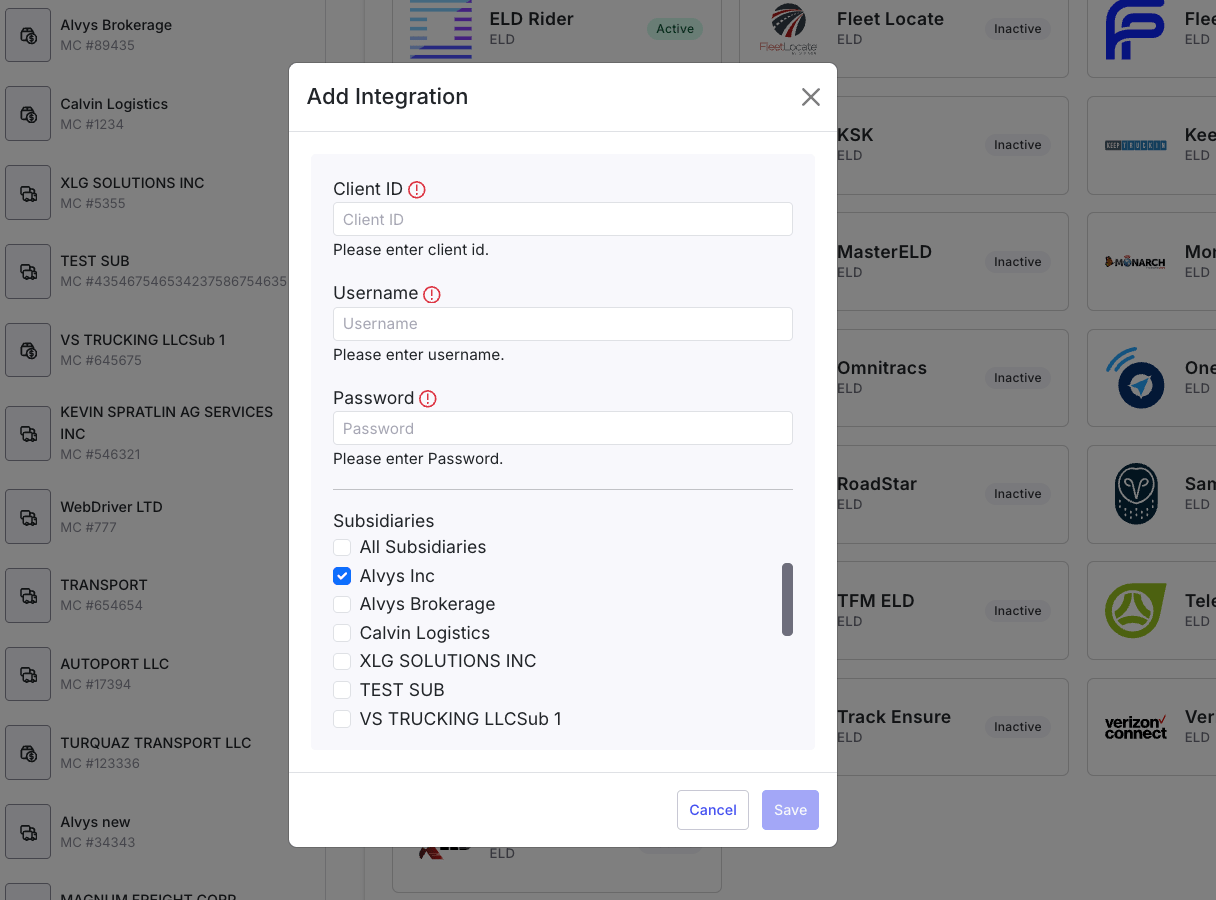 Integrations tab in Alvys showing the Thermo King section with the External Customer ID, Username, and Password fields.