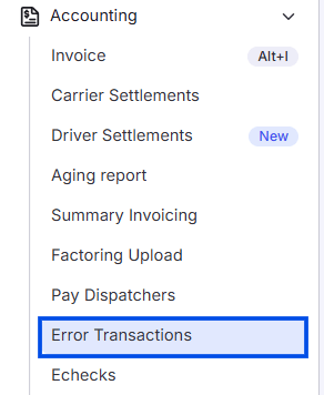Alvys Accounting menu with Error Transactions highlighted