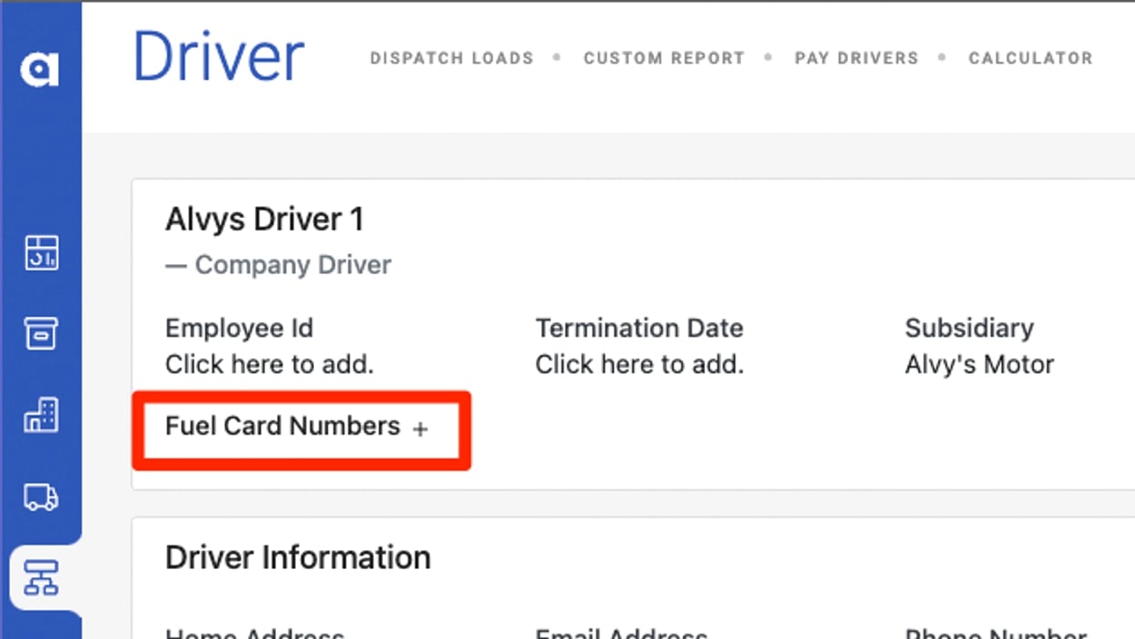 This image shows the Fuel Card Numbers section of a driver profile with the plus sign highlighted.