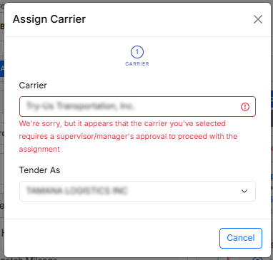 Error message dialog when assigning a non-compliant carrier