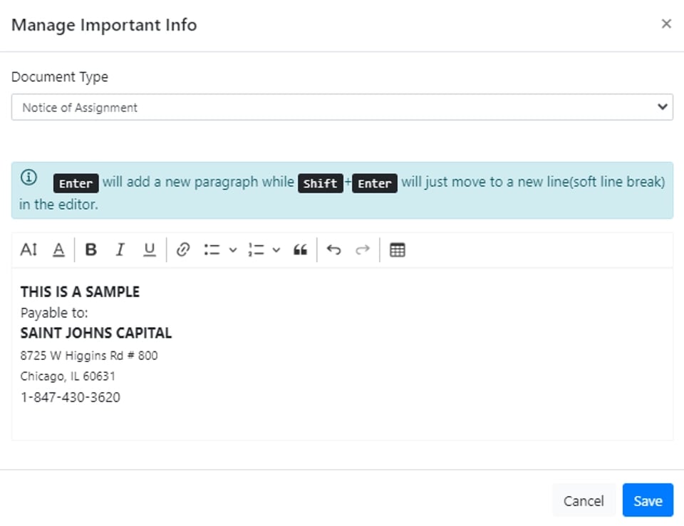 Manage Important Info pop-up with Notice of Assignment selected and text pasted