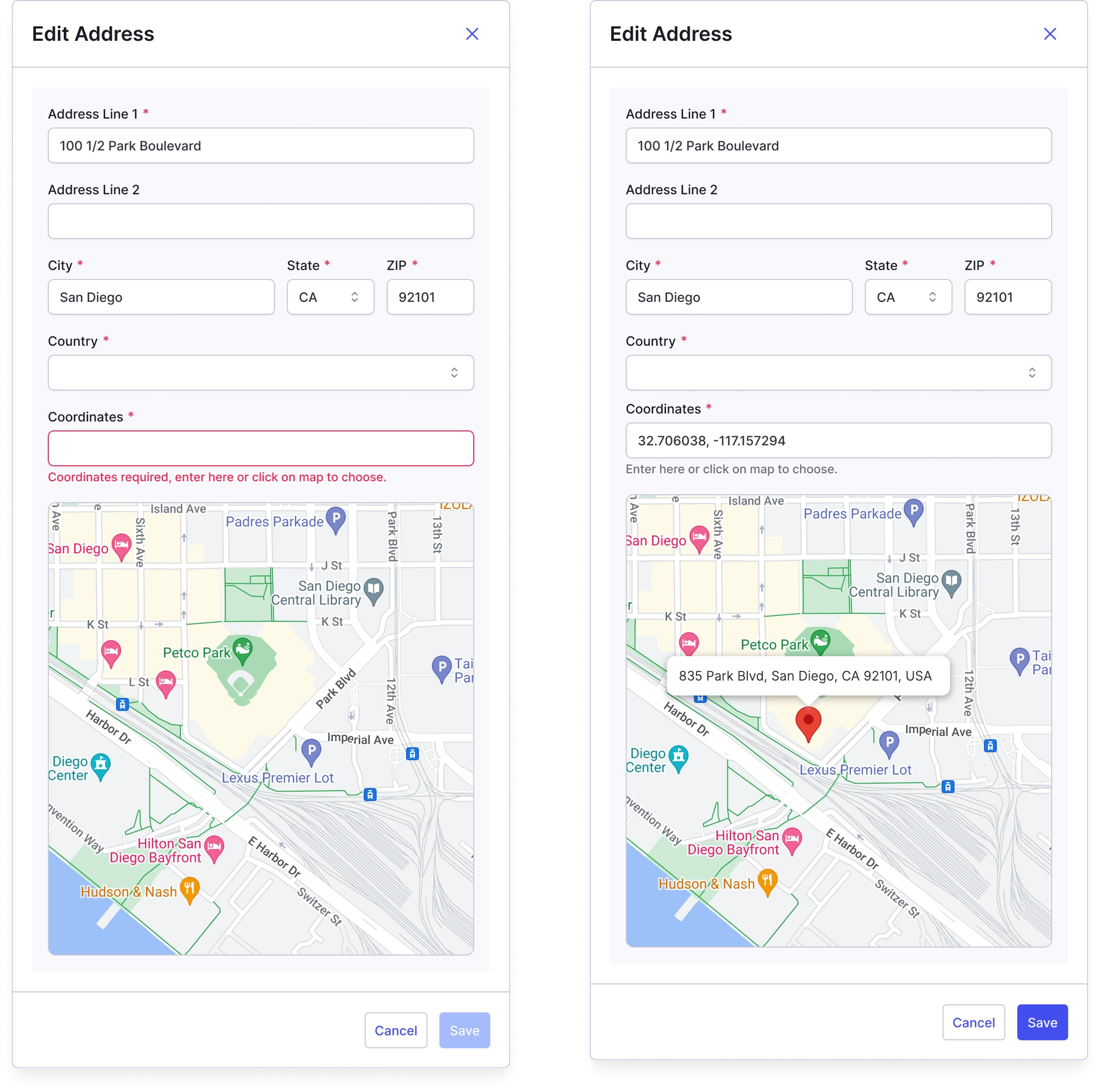 Map panel with an interactive pin dropped and the Coordinates field populated.