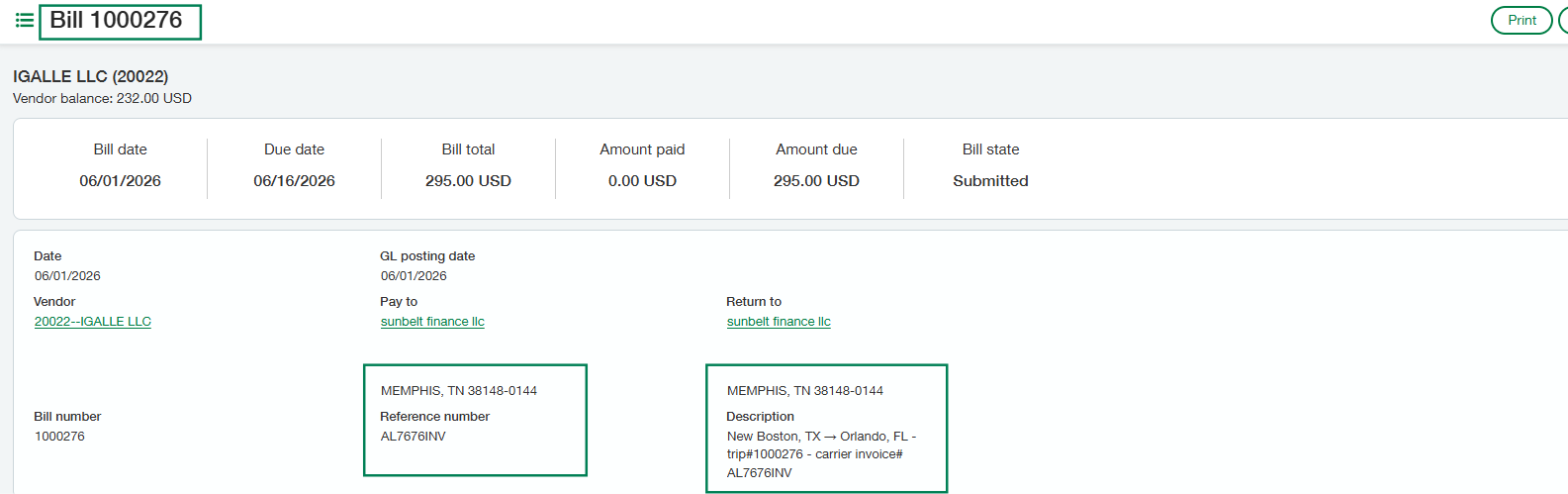 Displays the full ledger sheet for Bill 1000276, emphasizing the mapped reference number and automated trip description blocks in green frames.