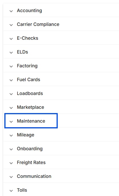 Image showing Maintenance integration drop down.