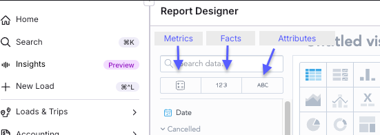 The three item types in the Analytics Catalog (metrics, facts, attributes).