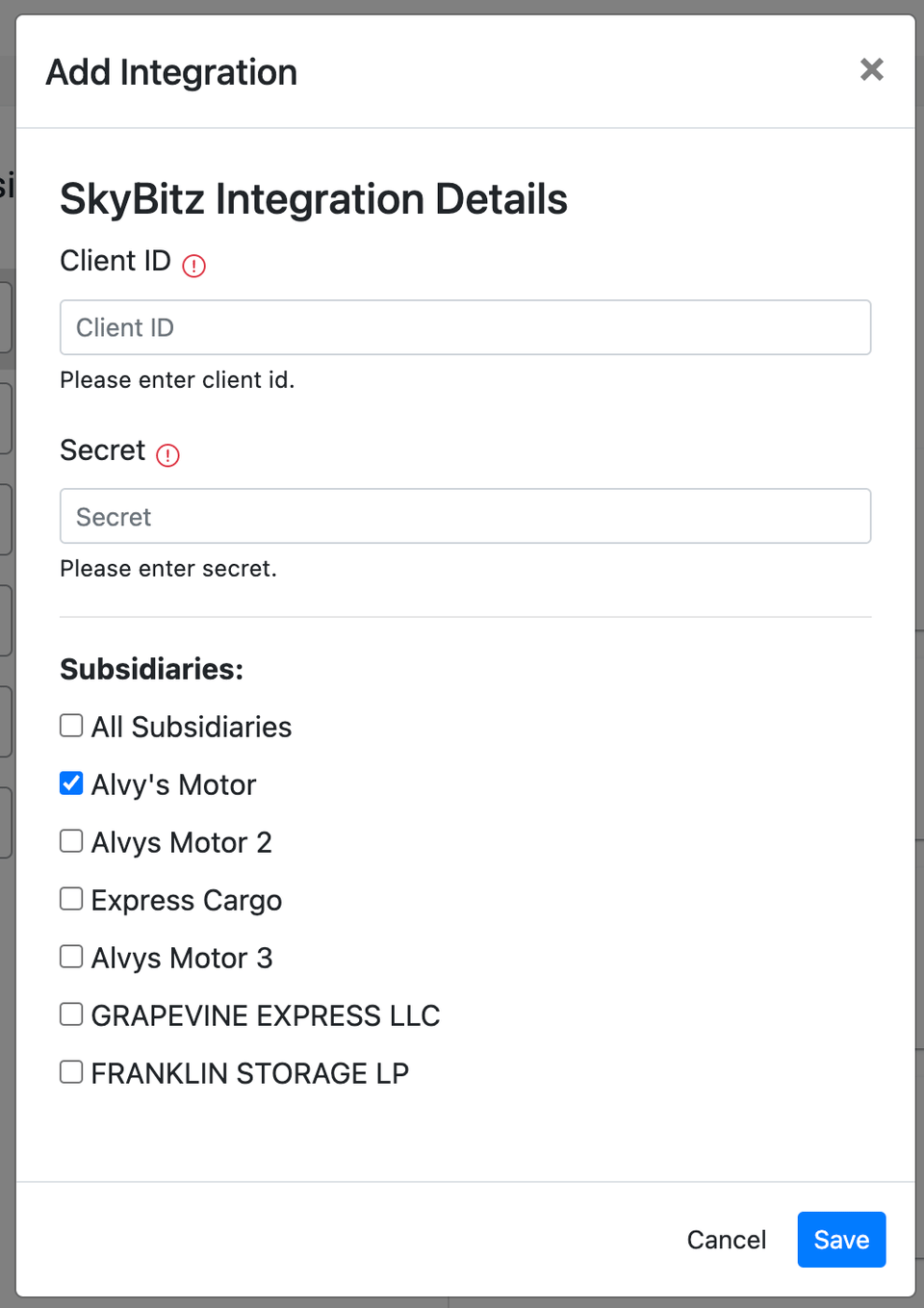 ELD section of the Integrations tab showing the SkyBitz card with pencil icon
