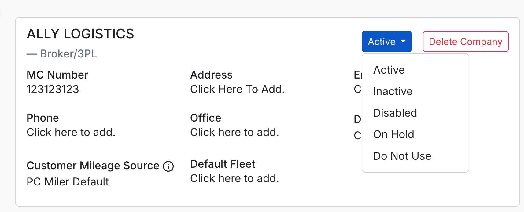 Screenshot showing the status dropdown open with the available status options: Active, Inactive, On Hold, Do Not Use, Disabled.