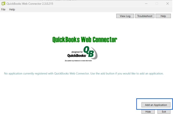 QuickBooks Web Connector Add an Application dialog.