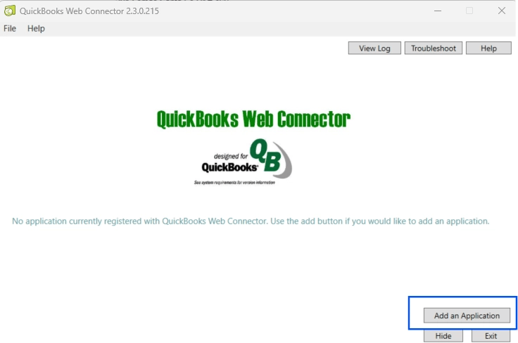 QuickBooks Web Connector Add an Application dialog.