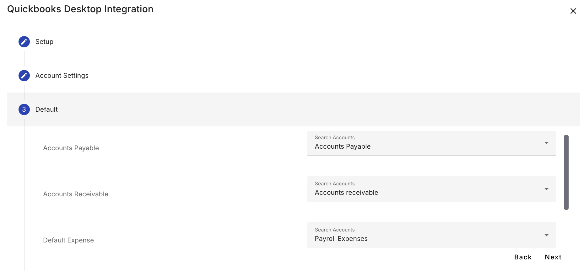 Expense default account mapping fields filled in.