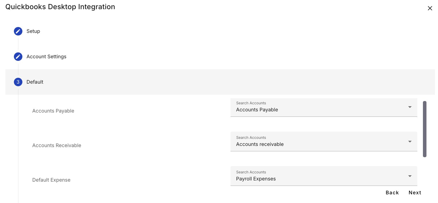Expense default account mapping fields filled in.