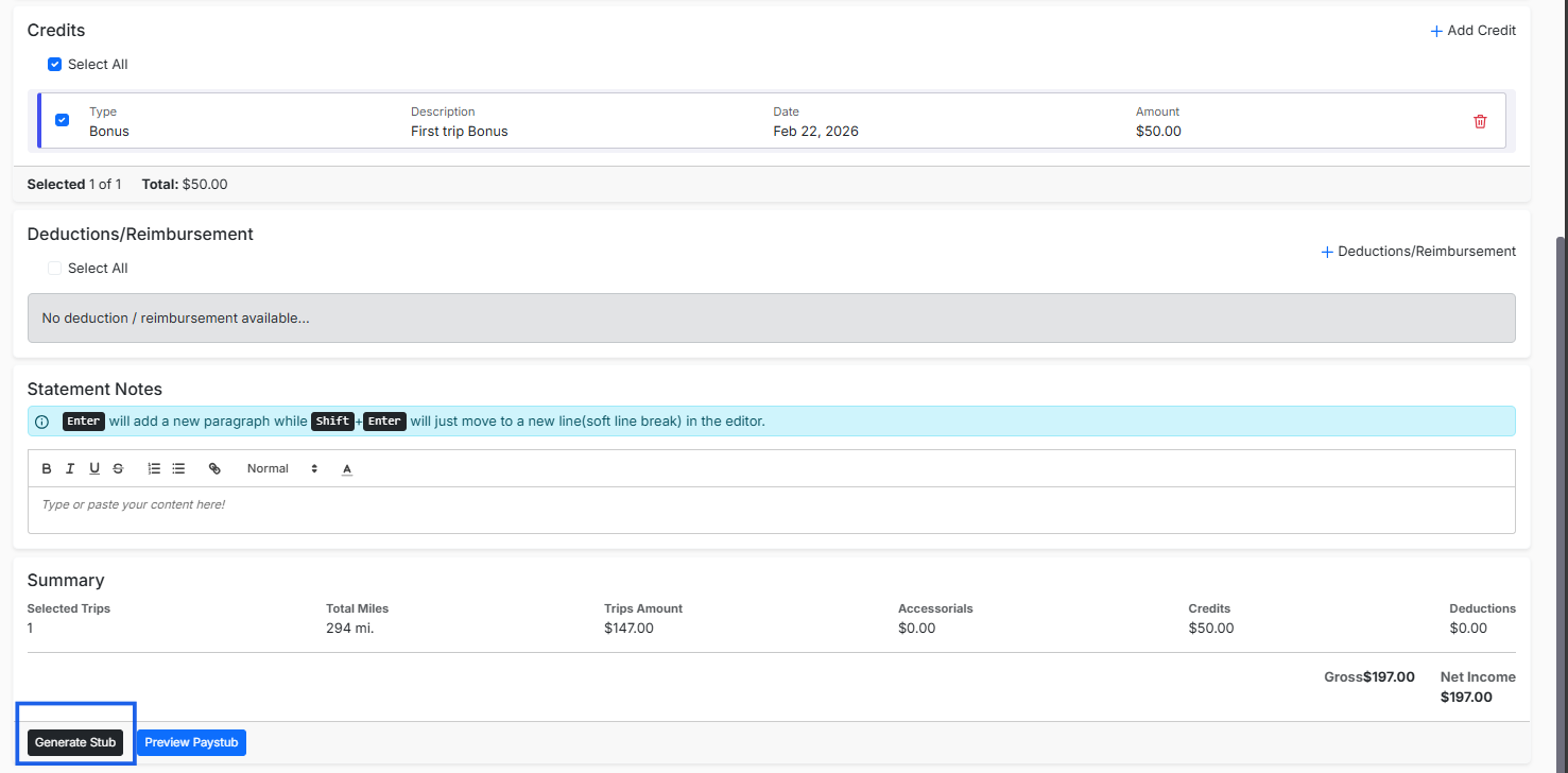 Driver Settlements module view with option to “generate stub.”
