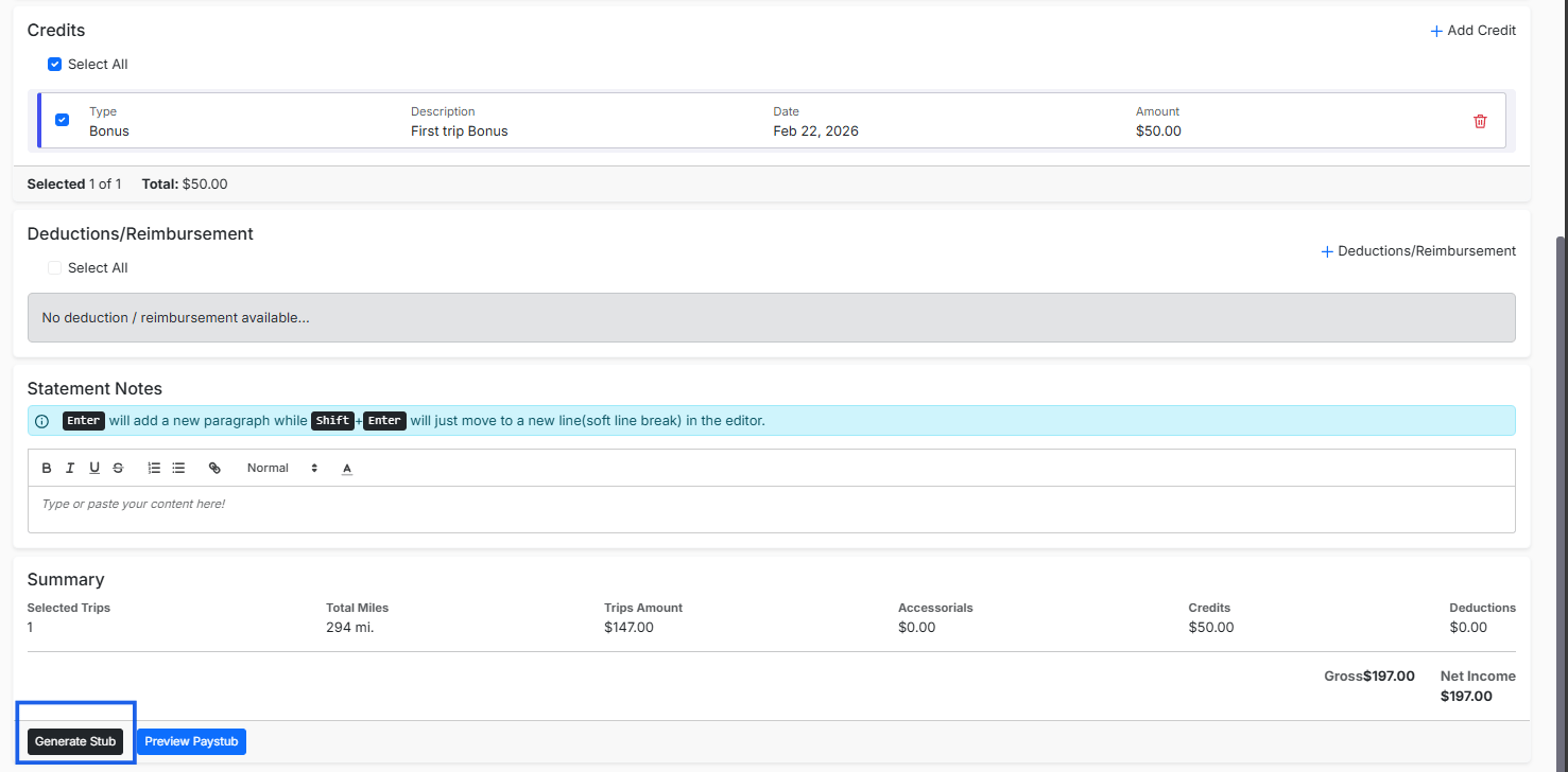 Driver Settlements module view with option to “generate stub.”