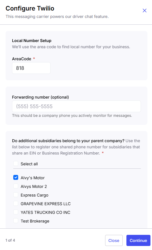 Alvys Twilio (New) onboarding flow showing the “Configure Twilio” form subsidiary selector step.