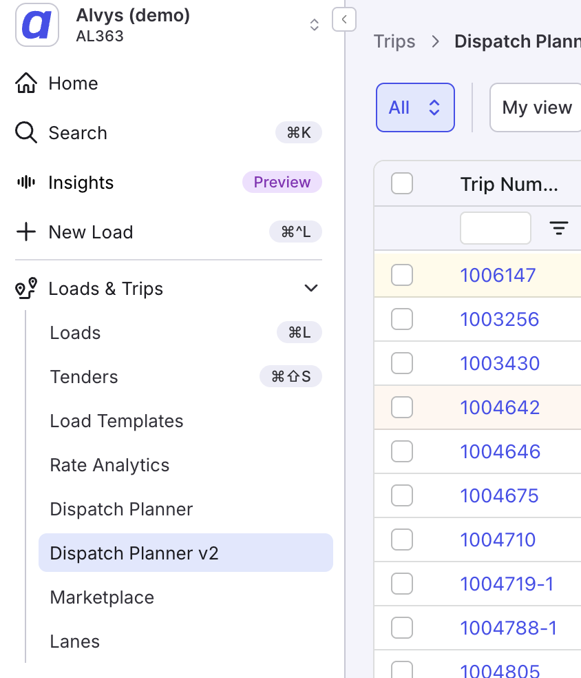 The Loads and Trips left navigation menu expanded, showing the 'Dispatch Planner v2' menu item highlighted.