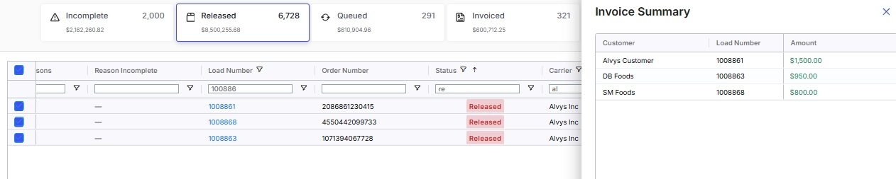 Screenshot showing the Batch Invoicing page with loads selected.