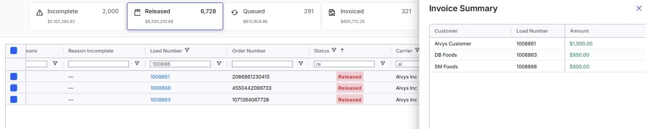 Screenshot showing the Batch Invoicing page with loads selected.