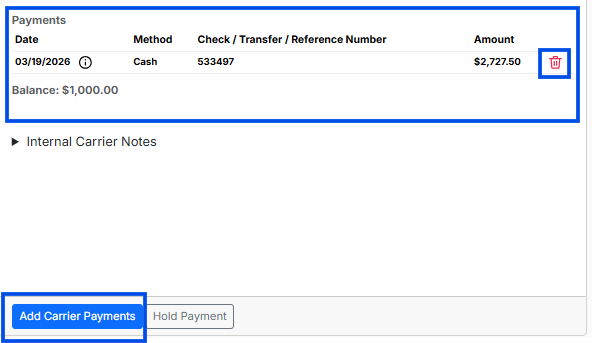 Image showing Payment History table in Carrier Details with Add carrier payment buttons and delete icon to remove carrier payments