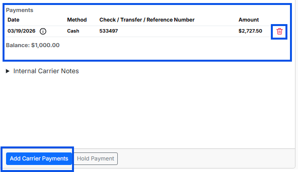 Payment History table in Carrier Details with Add carrier payment and delete icons