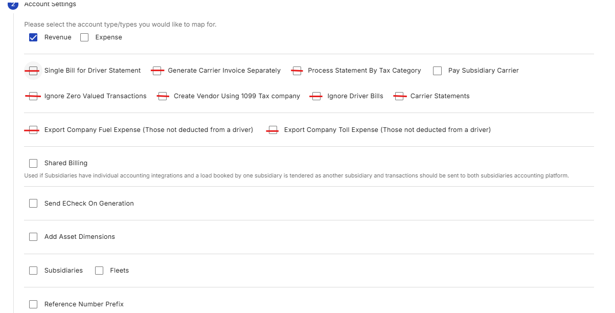 Displays Step 2 (Account Settings) with only Revenue selected, automatically crossing out all subsequent expense-specific configuration properties.