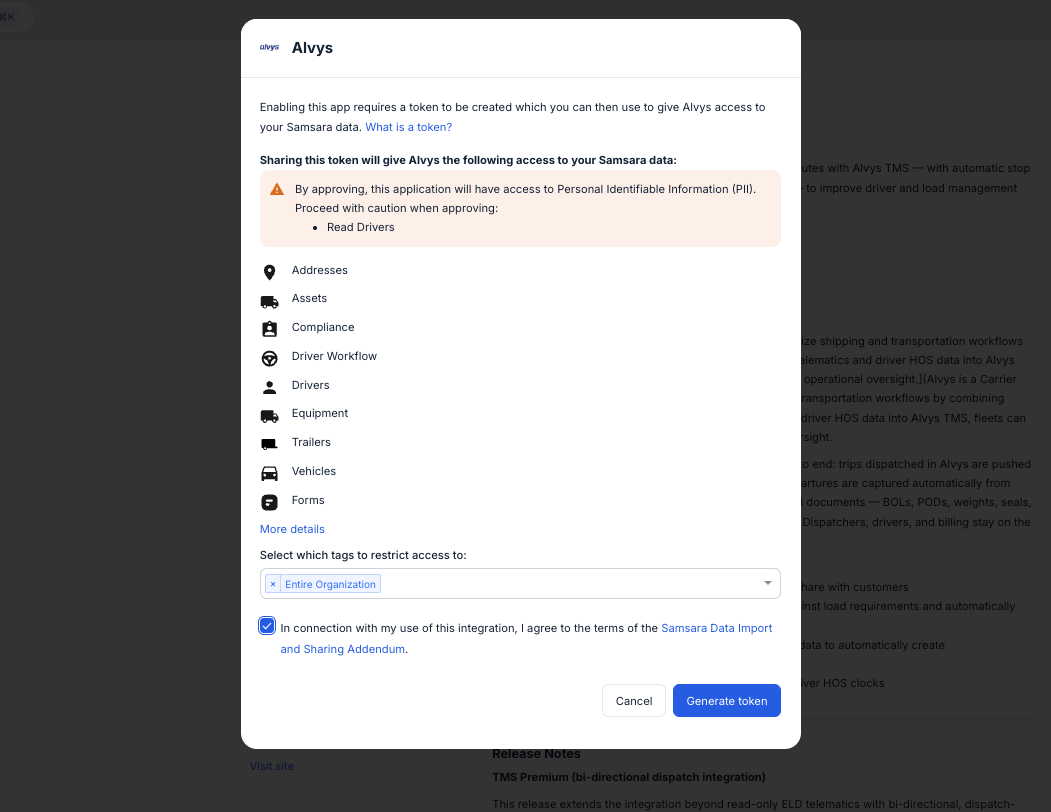 Samsara Data Import and Sharing Addendum acceptance screen.