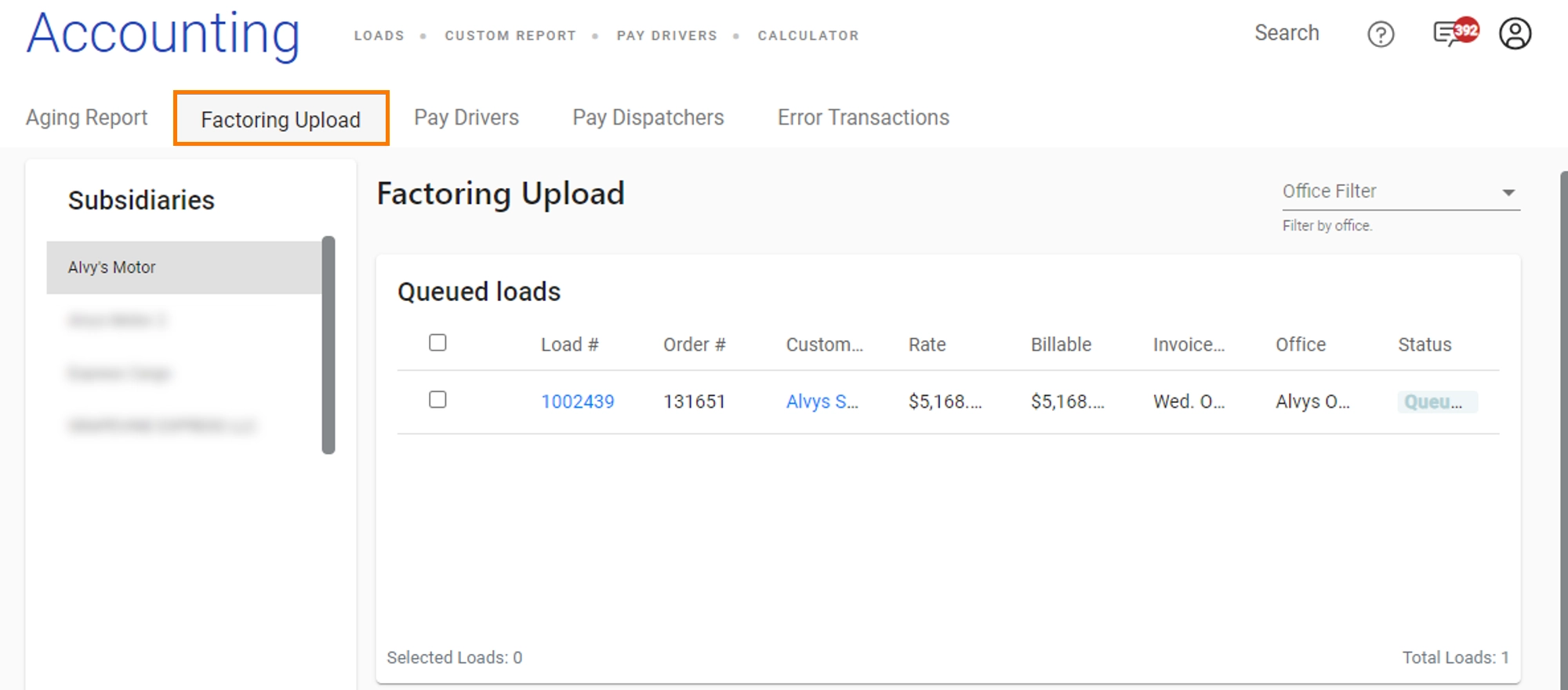Subsidiary selector on Factoring Upload page