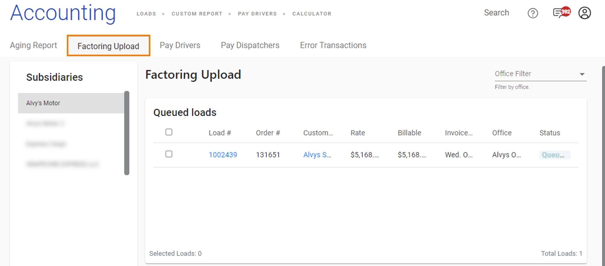 Subsidiary selector on Factoring Upload page