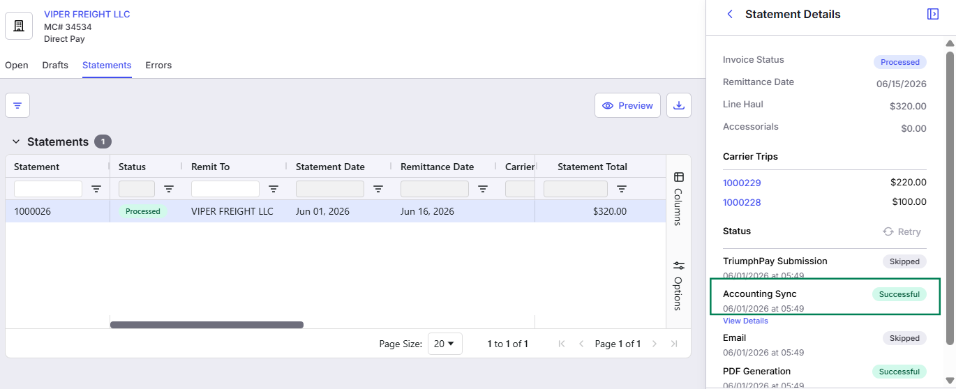 Shows the statement ledger for Viper Freight LLC with a green box in the right panel highlighting a successful Accounting Sync status.