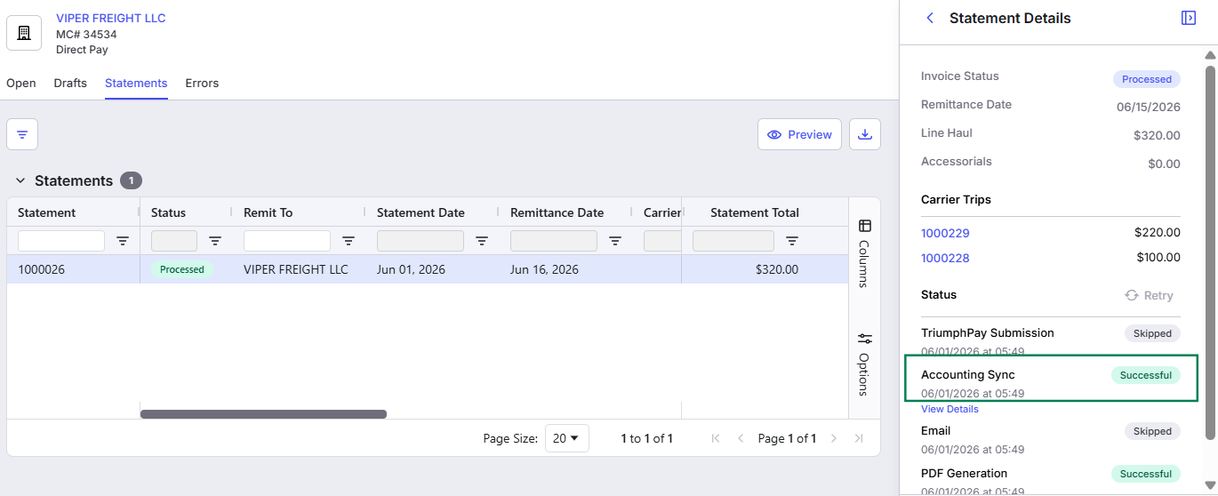 Shows the statement ledger for Viper Freight LLC with a green box in the right panel highlighting a successful Accounting Sync status.